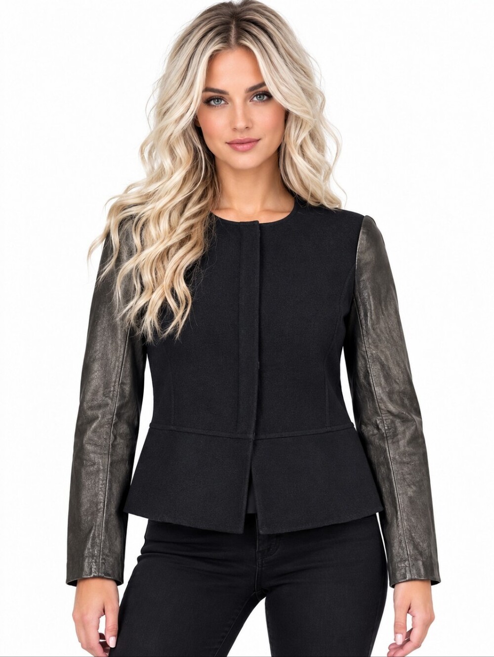 Vince Wool Leather Sleeve Mixed Media Zip Jacket Black Women’s Medium EUC